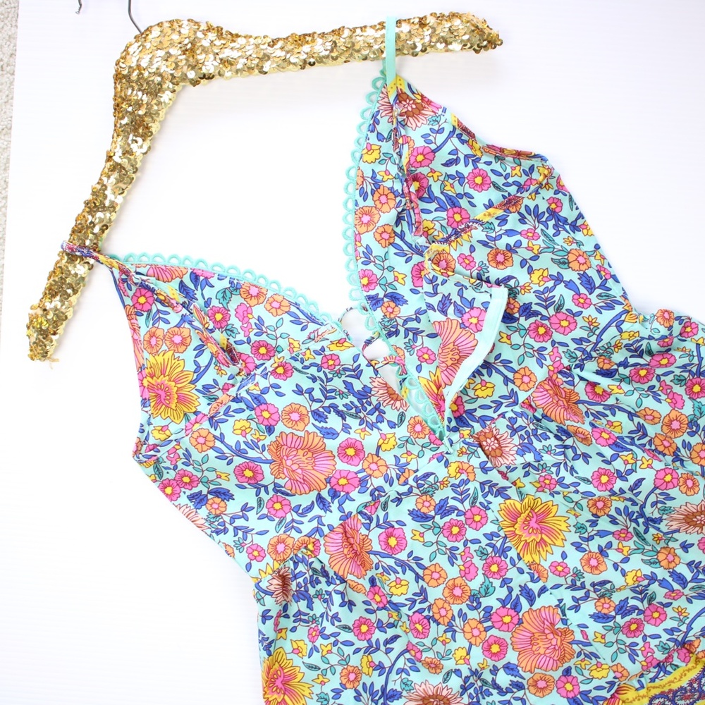 Green Floral Paisley Lace Up Fit & Flare Ruffle Short Dress - Picture 7 of 9